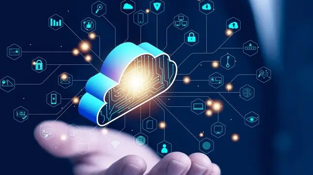 Cloud services connected to devices and security icons